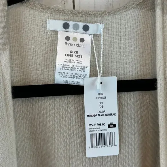 NWT Three Dots Neutral Tan/Black Plaid Miranda Cashmere Wrap One Size - Picture 3 of 11